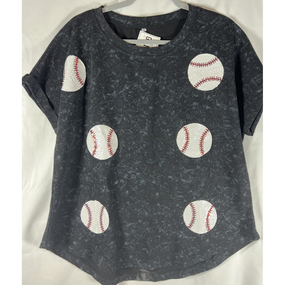 The Gameday Co Boutique Women's Sequin Baseball Fan Tee Charcoal sz S
